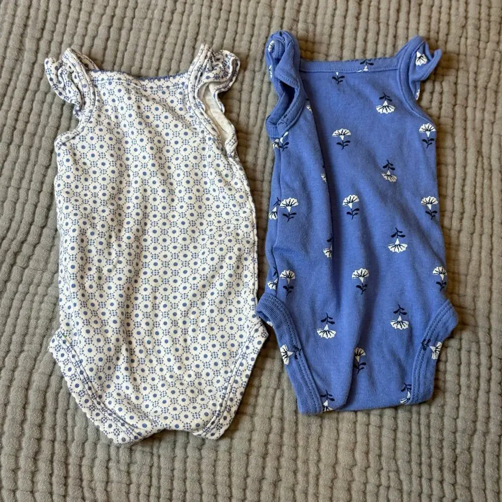 Lot of 2 Carters Onesies Sleeveless Ruffle Rompers Blue Floral Baby Girl Newborn